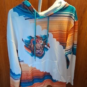 SHEIN Multicolor Striped Hoodie with Highland Cow